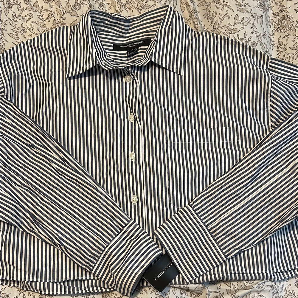 French Connection Black and White Striped Women's Button Down Shirt